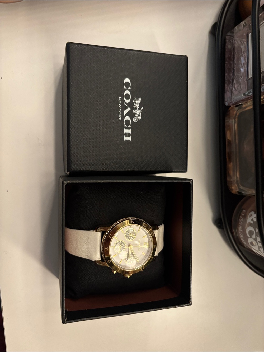 Coach Women's White Leather Watch with Gold Accents and Crystal Subdials - Picture 1 of 6